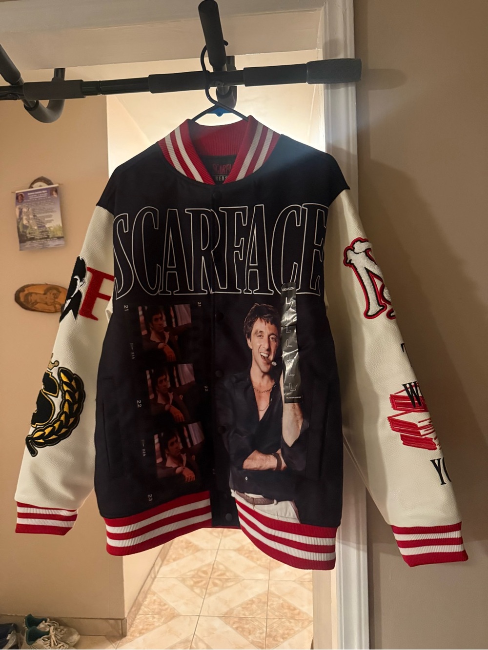New Mens Large Scarface Reason Varsity Jacket Deadstock Rare Black White Red